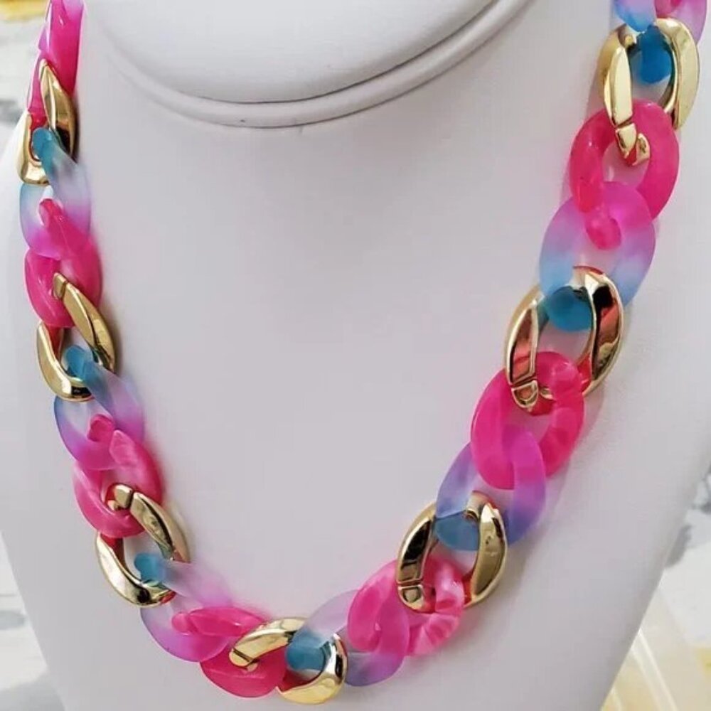 Chunky Multicolor Gold & Pink Resin Chain Necklace 45cm Statement Women Fashion